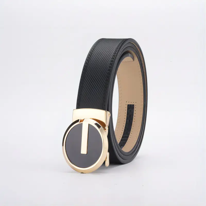 Men's Black Leather Belt with Gold Buckle - Image 2