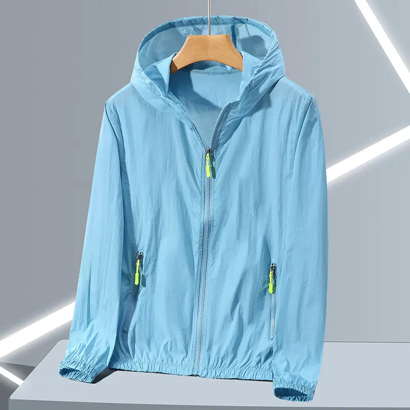 Men Full Zip Hoodie Blue UV Protective Large - Image 6