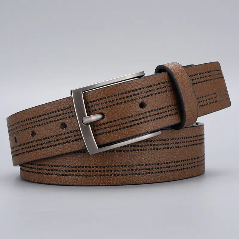 Men's Brown Leather Belt with Silver Buckle - Image 2