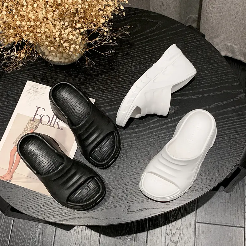 Thick-Soled Slippers for Women European and American Ins Trbottomy 10cm High Heels Eva Wedge Heels Versatile Outer Wear Beach One-Line Slippers
