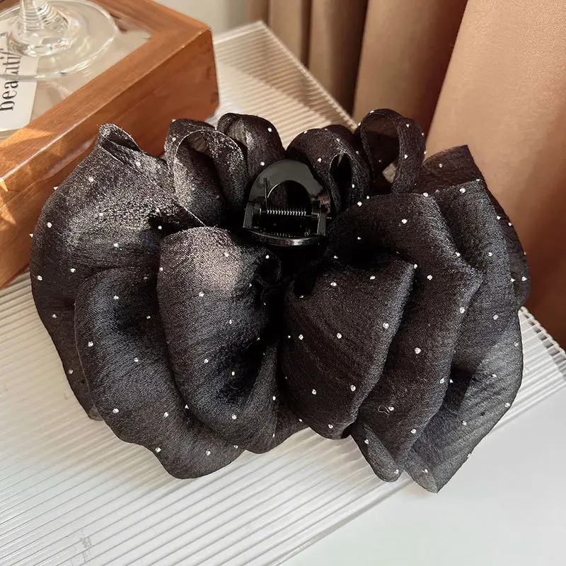 Black Diamond Gauze Bow Hairpin with Full Diamond Embellishment - Image 3