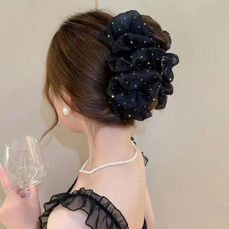 Black Diamond Gauze Bow Hairpin with Full Diamond Embellishment - Image 4