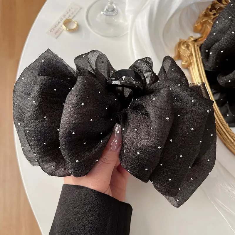 Black Diamond Gauze Bow Hairpin with Full Diamond Embellishment - Image 6