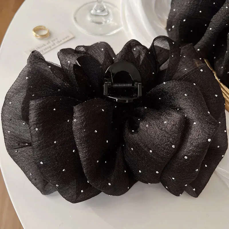Black Diamond Gauze Bow Hairpin with Full Diamond Embellishment — feature 9