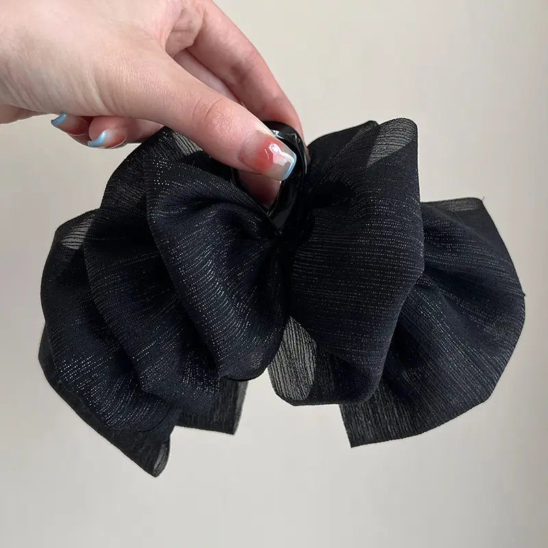Black Diamond Gauze Bow Hairpin with Full Diamond Embellishment - Image 2