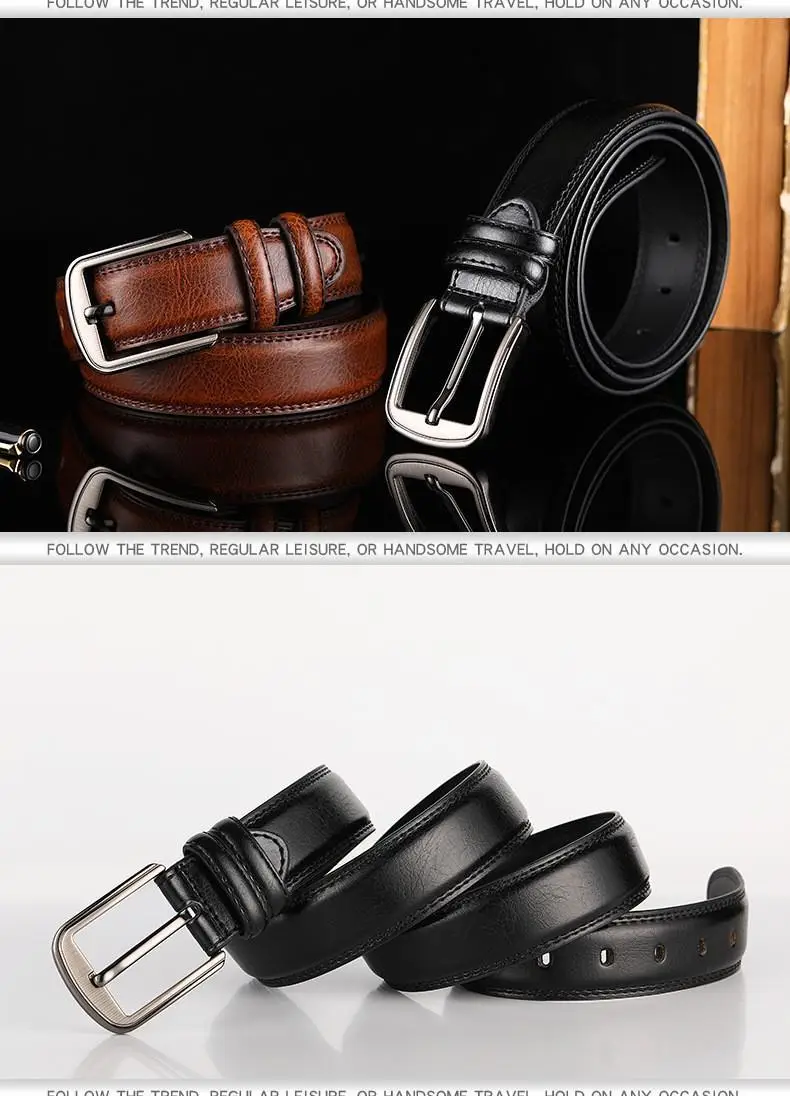 Men's Genuine Leather Belt with Pin Buckle Brown — feature 9