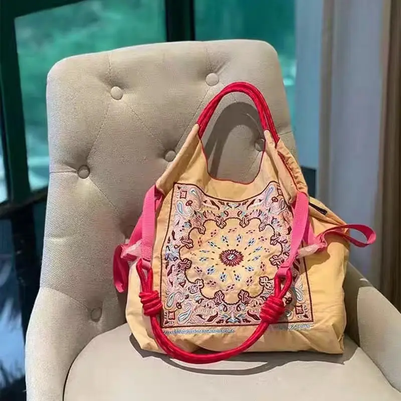 Japanese Style Embroidered Shoulder Bag with Blue Floral Design — feature 4