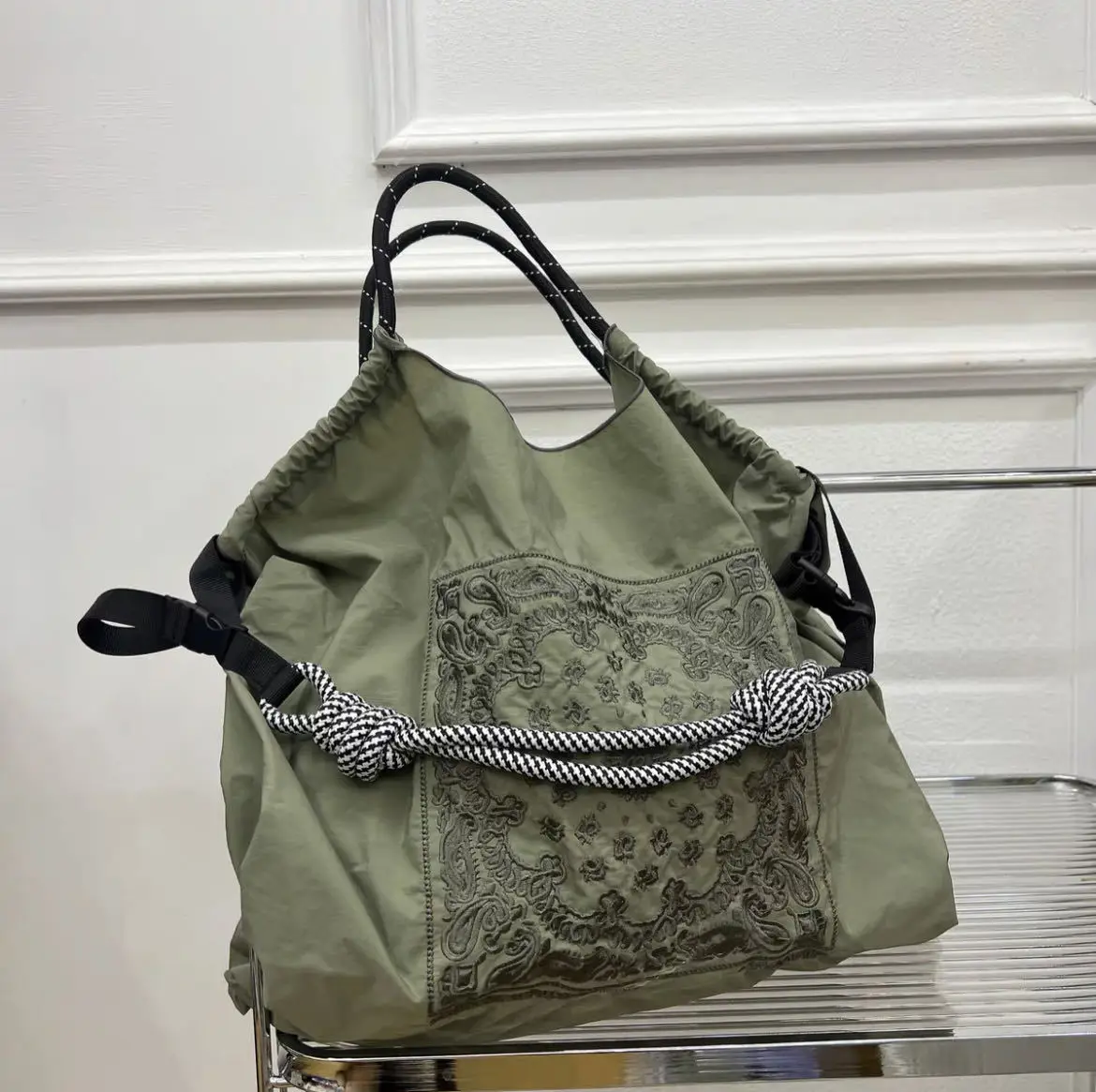 Japanese Style Embroidered Shoulder Bag with Blue Floral Design - Image 6