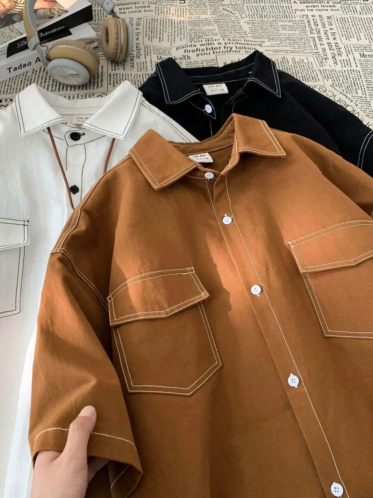 Men Black Japanese Style Short Sleeve Shirt 2023 - Image 7