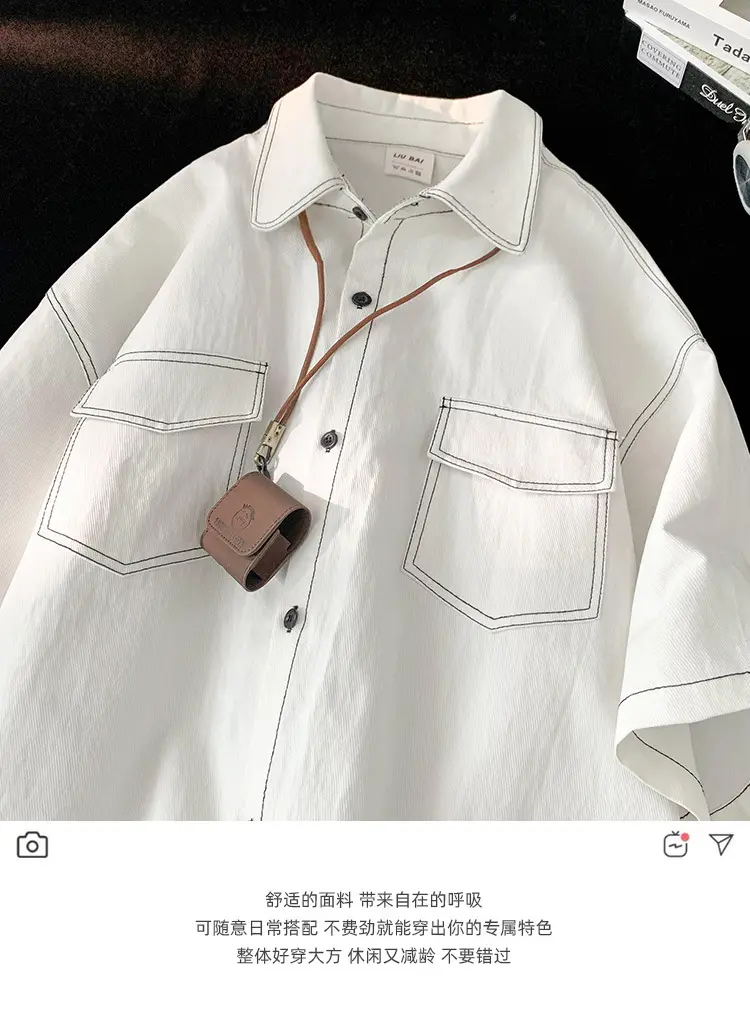 Men Black Japanese Style Short Sleeve Shirt 2023 — feature 1