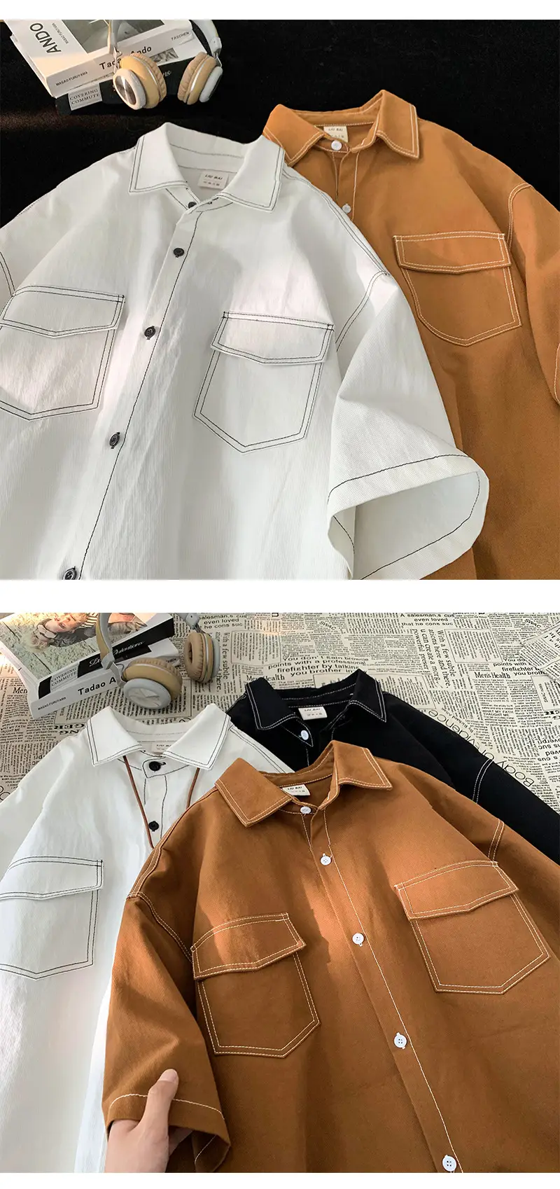 Men Black Japanese Style Short Sleeve Shirt 2023 — feature 10
