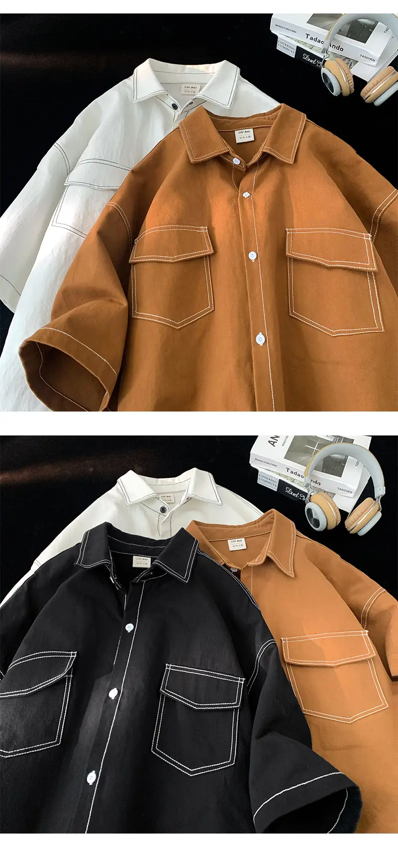 Men Black Japanese Style Short Sleeve Shirt 2023 — feature 5