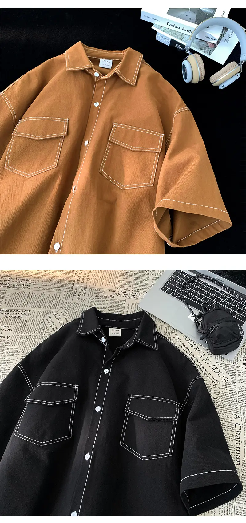 Men Black Japanese Style Short Sleeve Shirt 2023 — feature 6