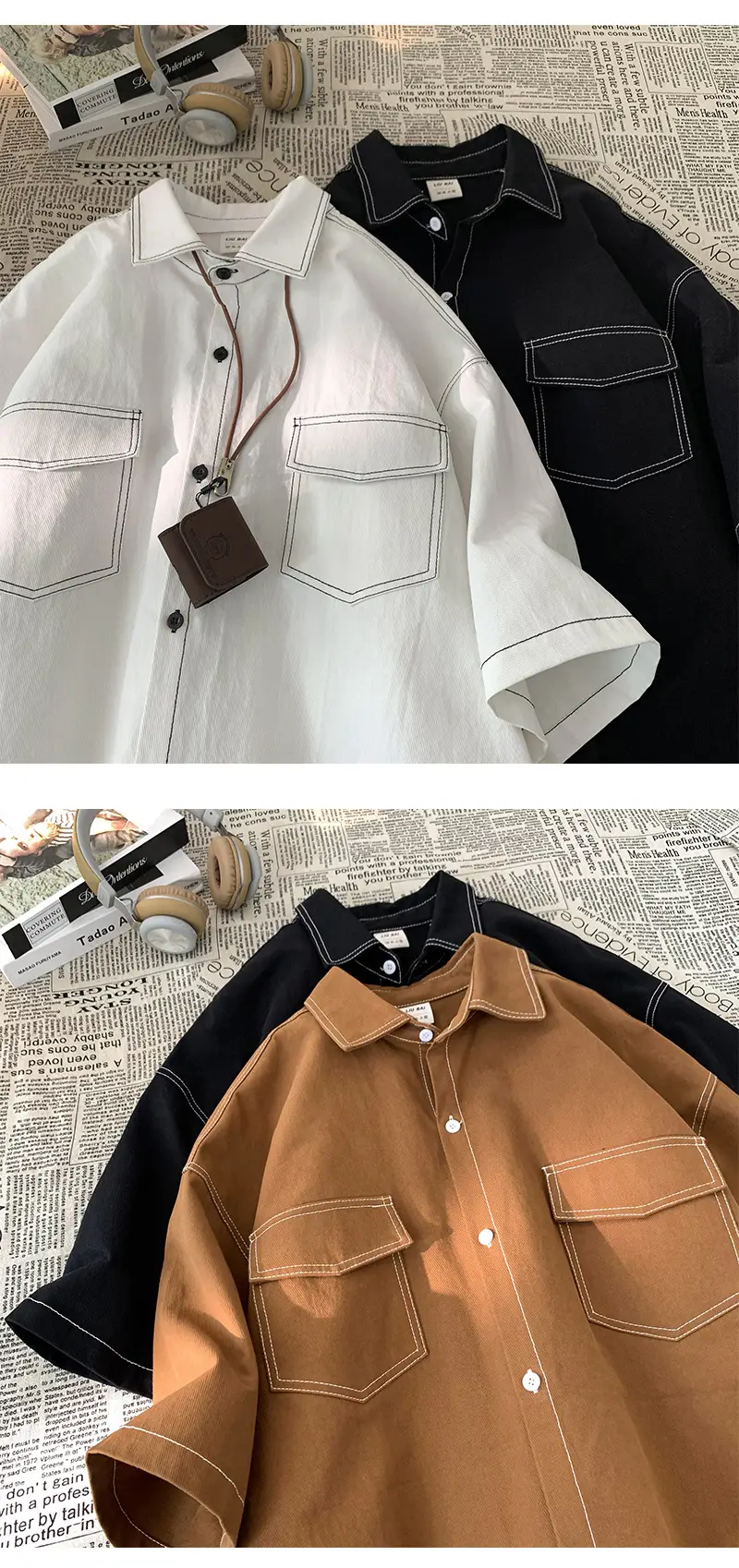 Men Black Japanese Style Short Sleeve Shirt 2023 — feature 7