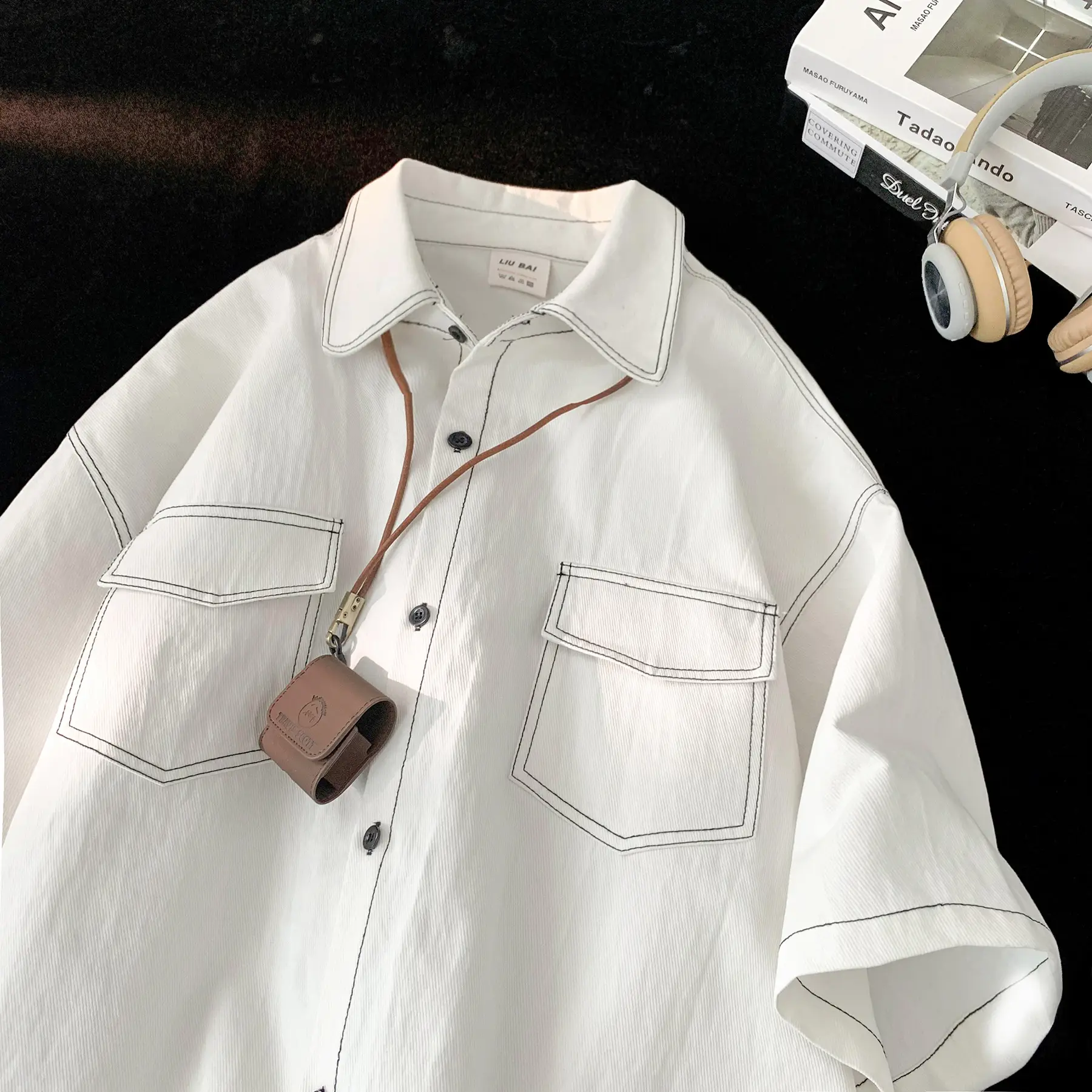 Men Black Japanese Style Short Sleeve Shirt 2023 - Image 2