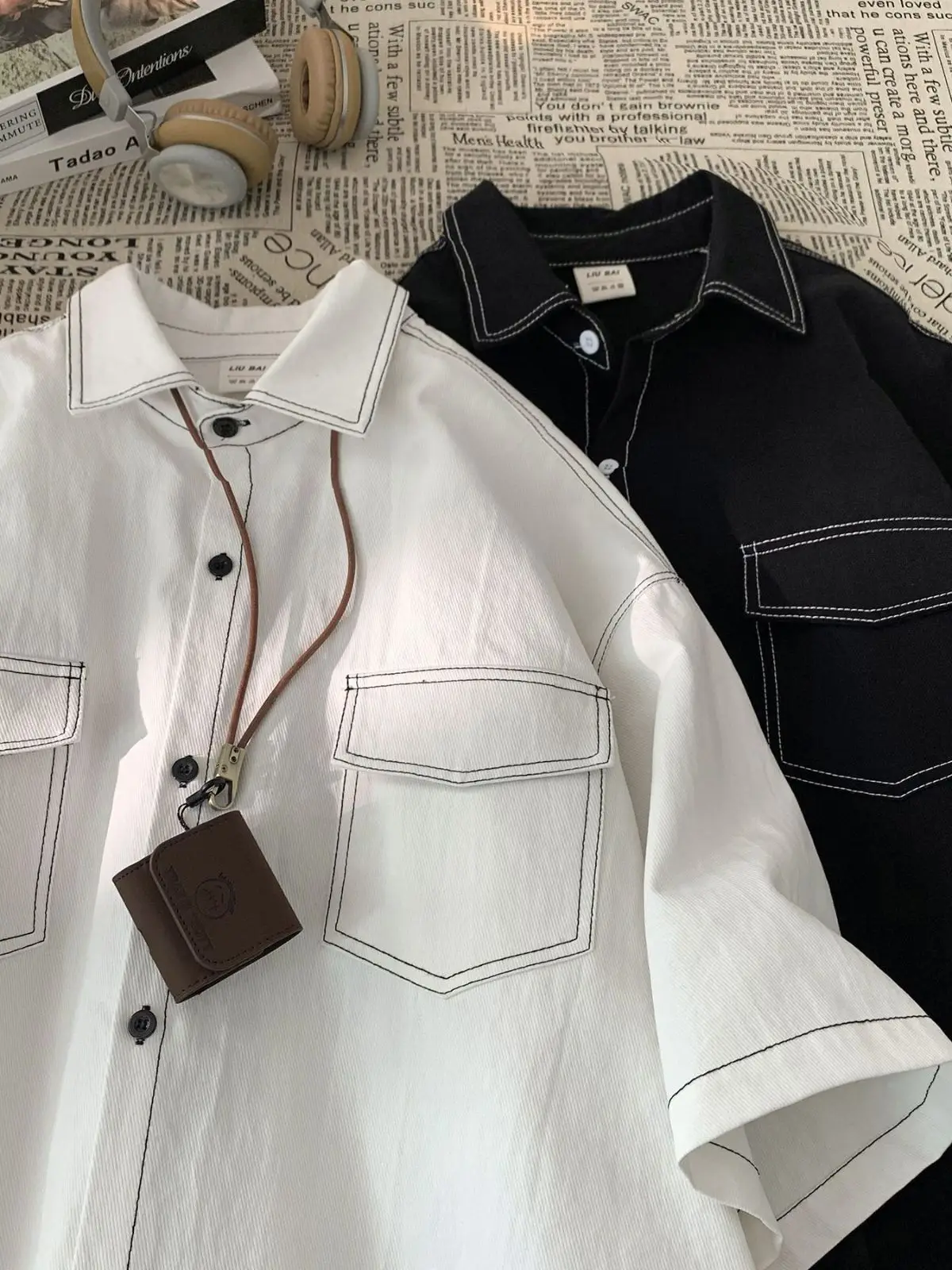 Japanese Retro Short Sleeve Shirt for Men White Black 2023 - Image 6