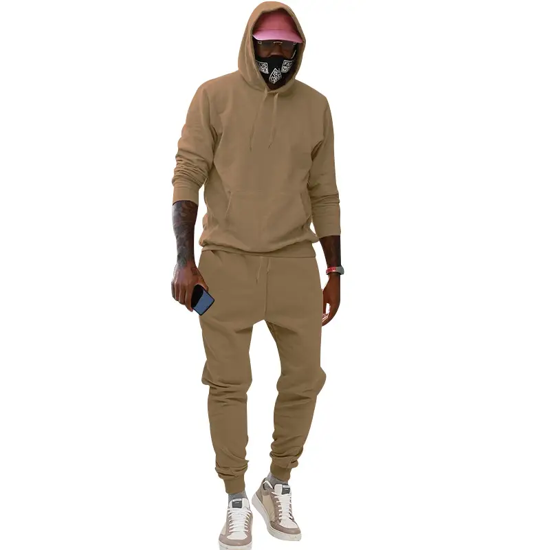 Men Velvet Hooded Trousers Set Brown Large Winter - Image 20