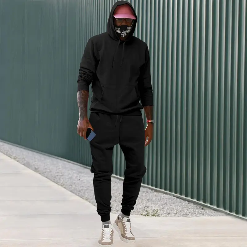 Men Velvet Hooded Trousers Set Brown Large Winter — feature 22