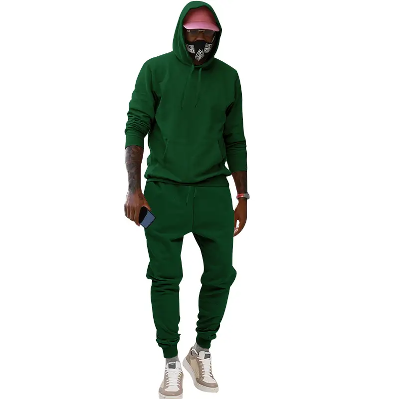 Men Velvet Hooded Trousers Set Brown Large Winter — feature 29