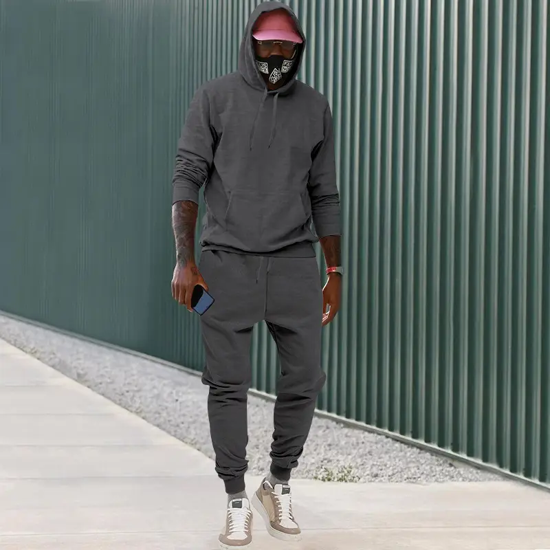 Men Velvet Hooded Trousers Set Brown Large Winter — feature 32