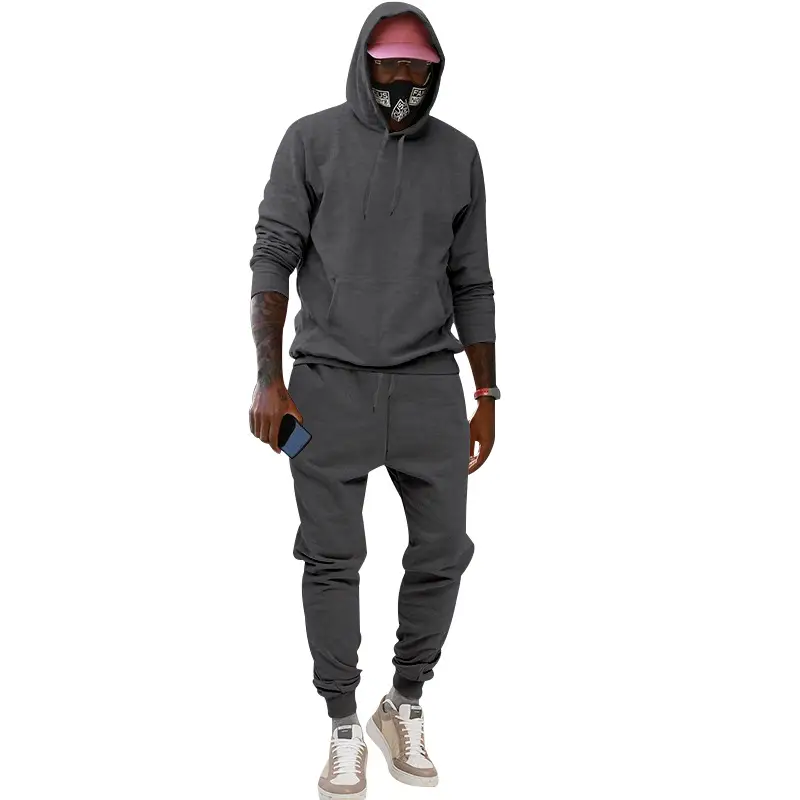Men Velvet Hooded Trousers Set Brown Large Winter — feature 33