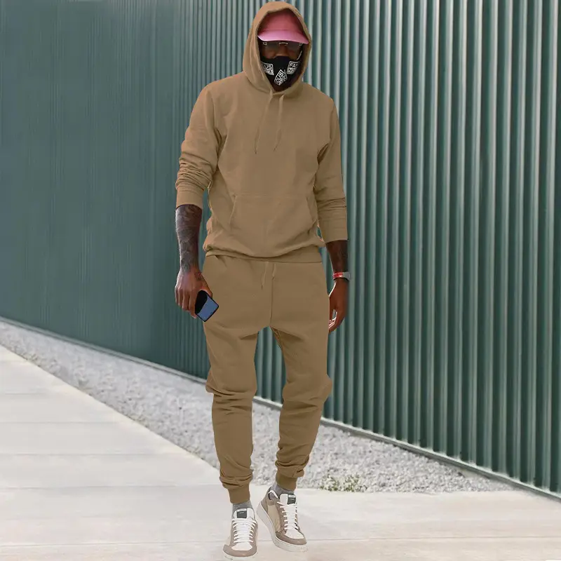 Men Velvet Hooded Trousers Set Brown Large Winter — feature 34