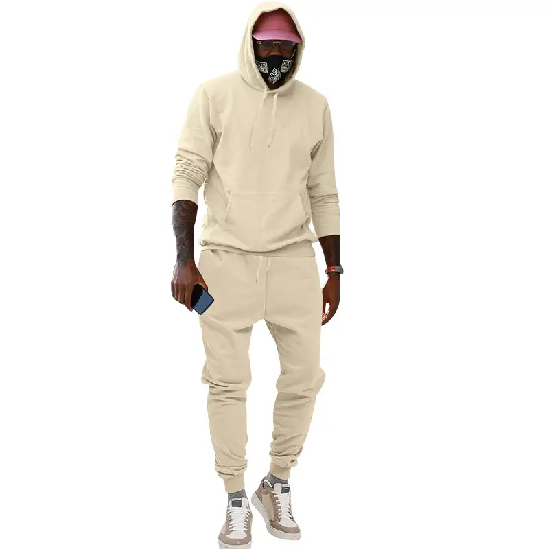 Men Velvet Hooded Trousers Set Brown Large Winter — feature 37