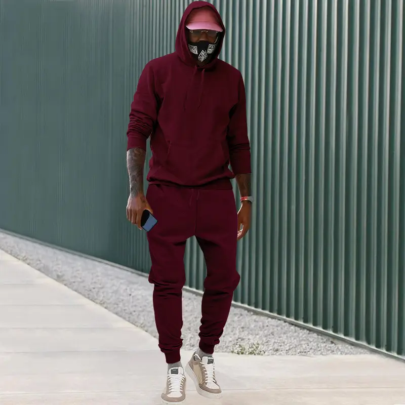 Men Velvet Hooded Trousers Set Brown Large Winter - Image 9