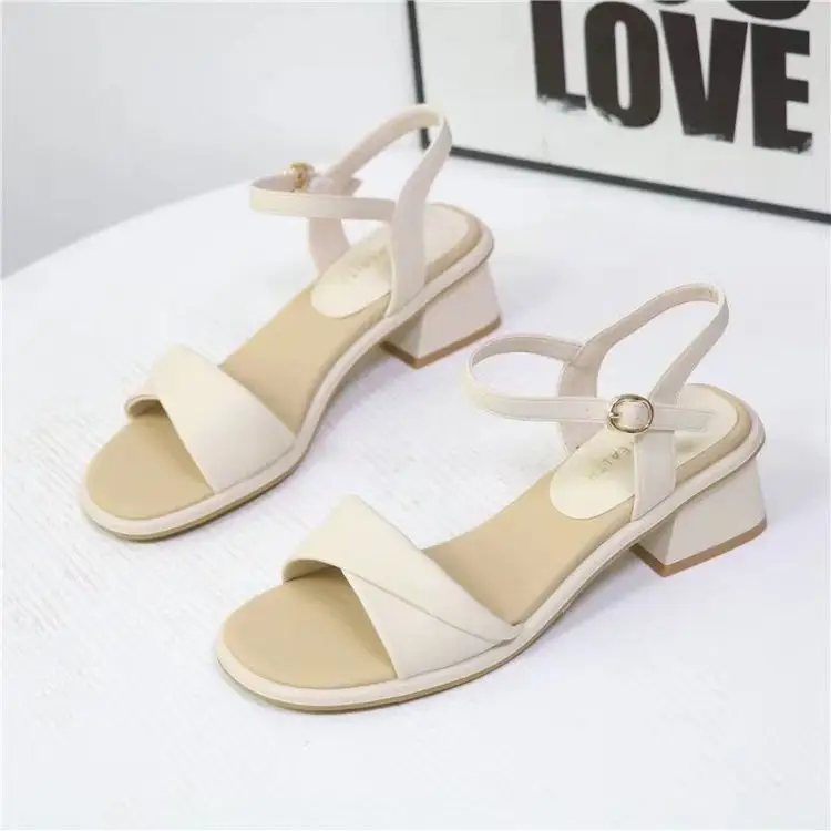 Soft Leather All-match Sandals Women's Mid-heel 2023 Summer New Open Toe Thick Heel Fairy Fashion Women's Sandals with One-toe Buckle — feature 7