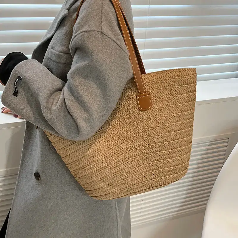 Women's Green Straw Woven Shoulder Bag Large Capacity