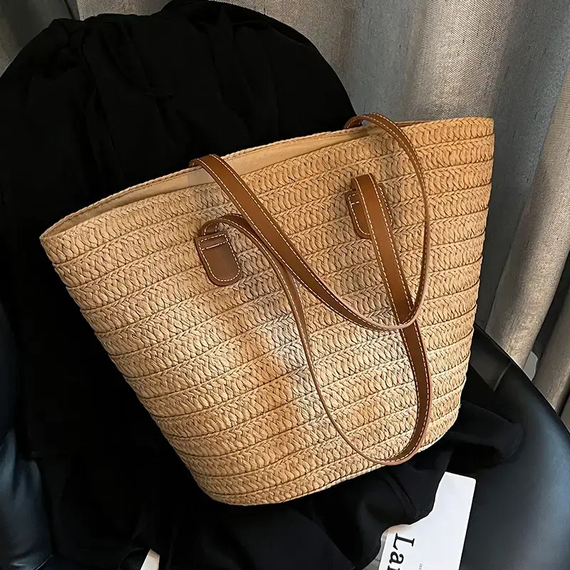 Women's Green Straw Woven Shoulder Bag Large Capacity