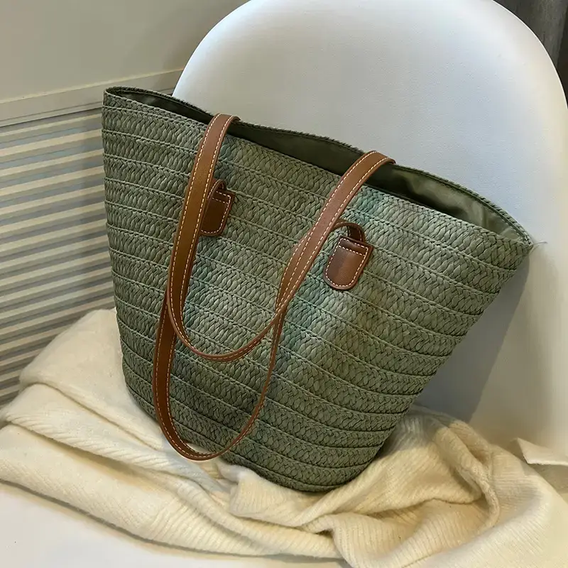 Women's Green Straw Woven Shoulder Bag Large Capacity