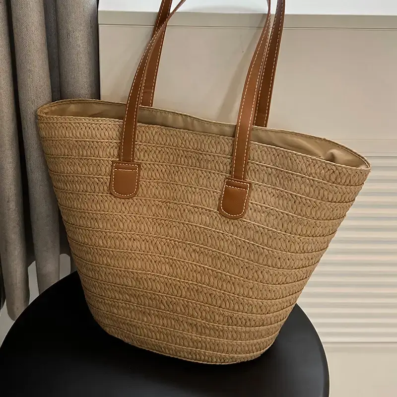 Women's Green Straw Woven Shoulder Bag Large Capacity