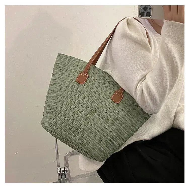 Women's Green Straw Woven Shoulder Bag Large Capacity — feature 11