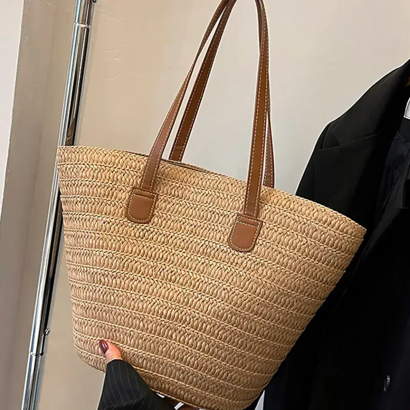 Women's Green Straw Woven Shoulder Bag Large Capacity