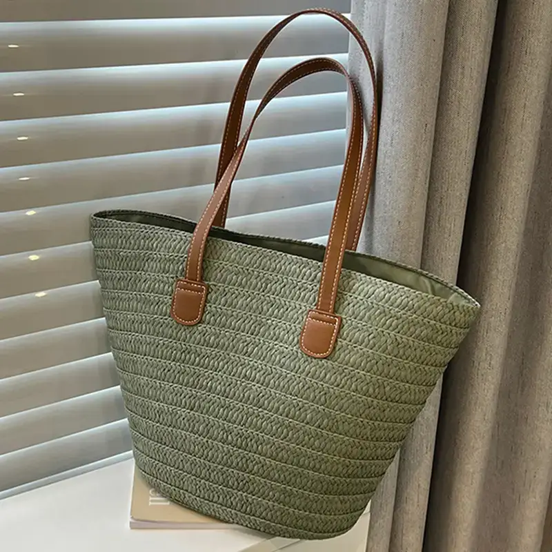Women's Green Straw Woven Shoulder Bag Large Capacity
