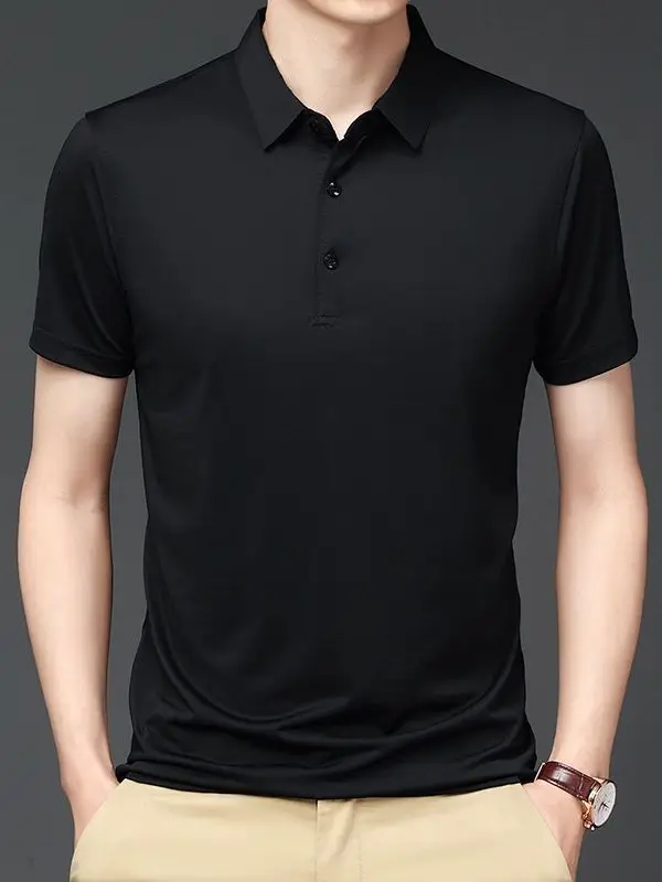 Men's Black Ice Silk Polo Shirt Short Sleeve Business Casual - Image 10