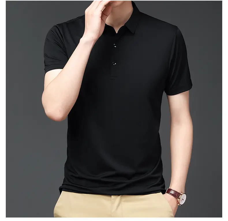 Men's Black Ice Silk Polo Shirt Short Sleeve Business Casual — feature 14