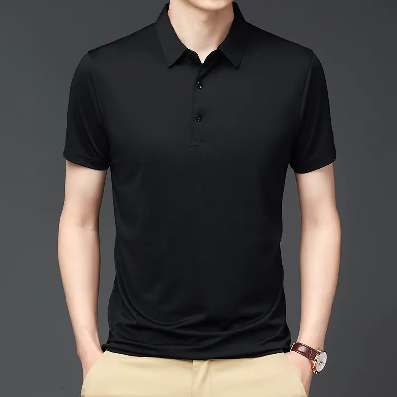 Men's Black Ice Silk Polo Shirt Short Sleeve Business Casual - Image 3