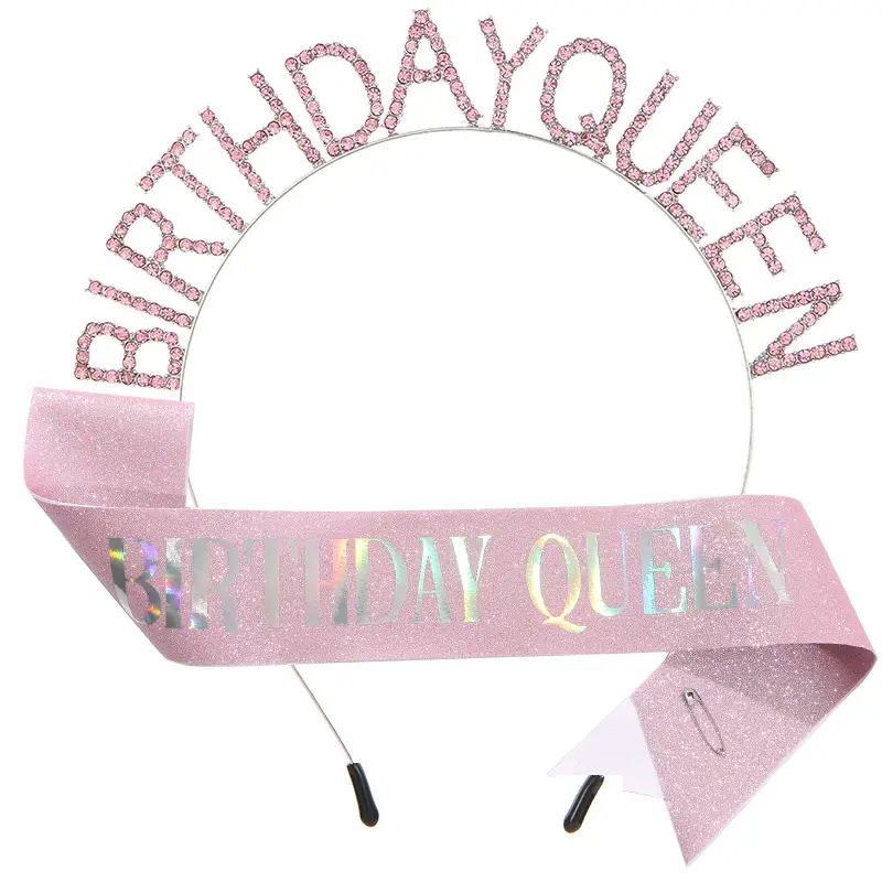 Birthday Queen Headband Belt with Crystal Crown & Black Fabric
