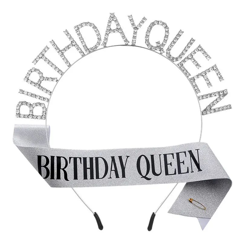 Birthday Queen Headband Belt with Crystal Crown & Black Fabric