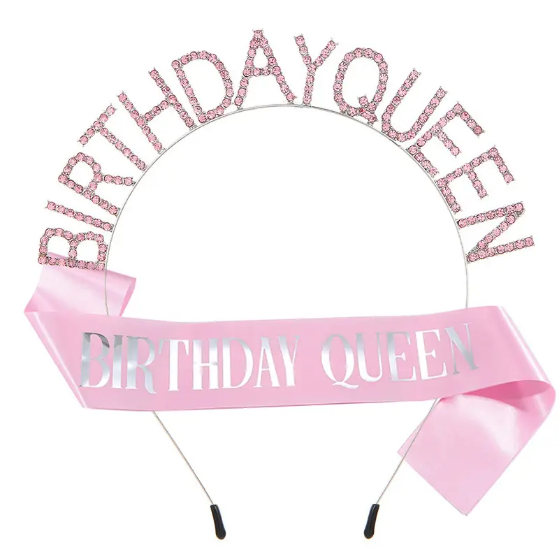 Birthday Queen Headband Belt with Crystal Crown & Black Fabric