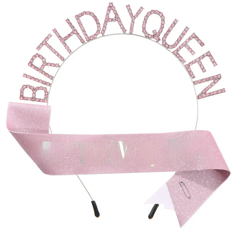 Birthday Queen Headband Belt with Crystal Crown & Black Fabric