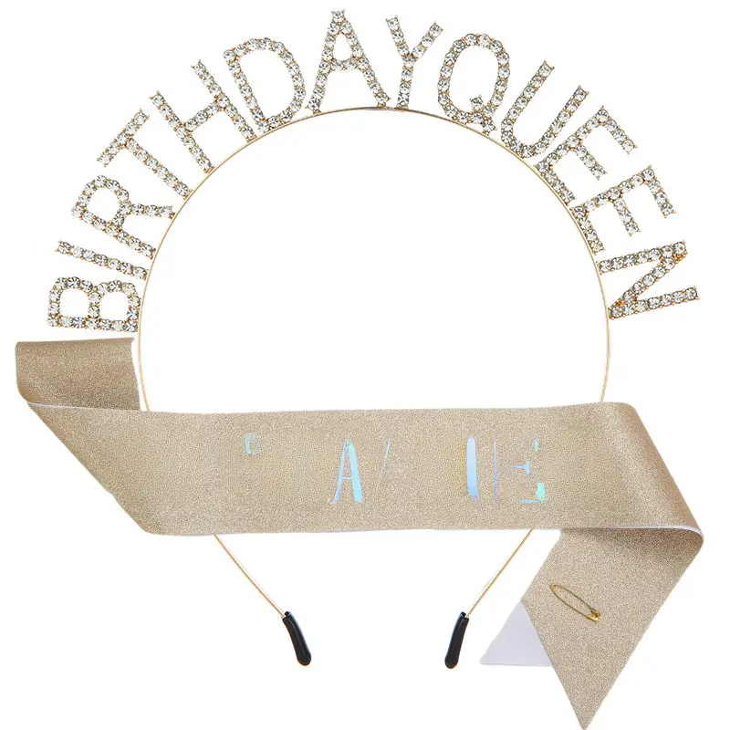 Birthday Queen Headband Belt with Crystal Crown & Black Fabric