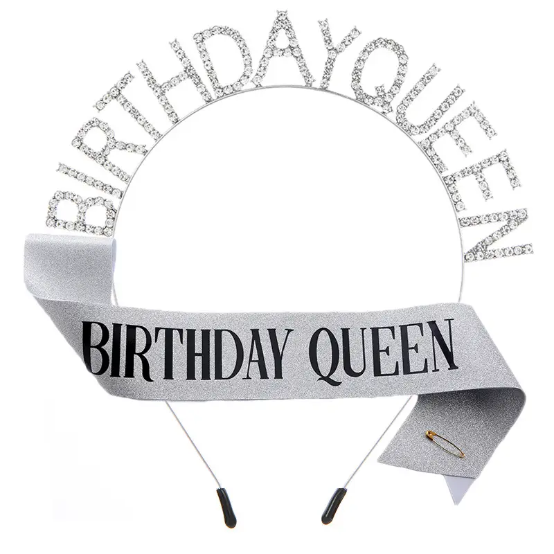Birthday Queen Headband Belt with Crystal Crown & Black Fabric