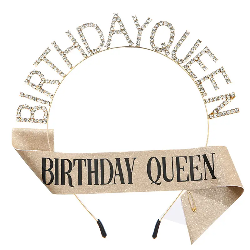 Birthday Queen Headband Belt with Crystal Crown & Black Fabric