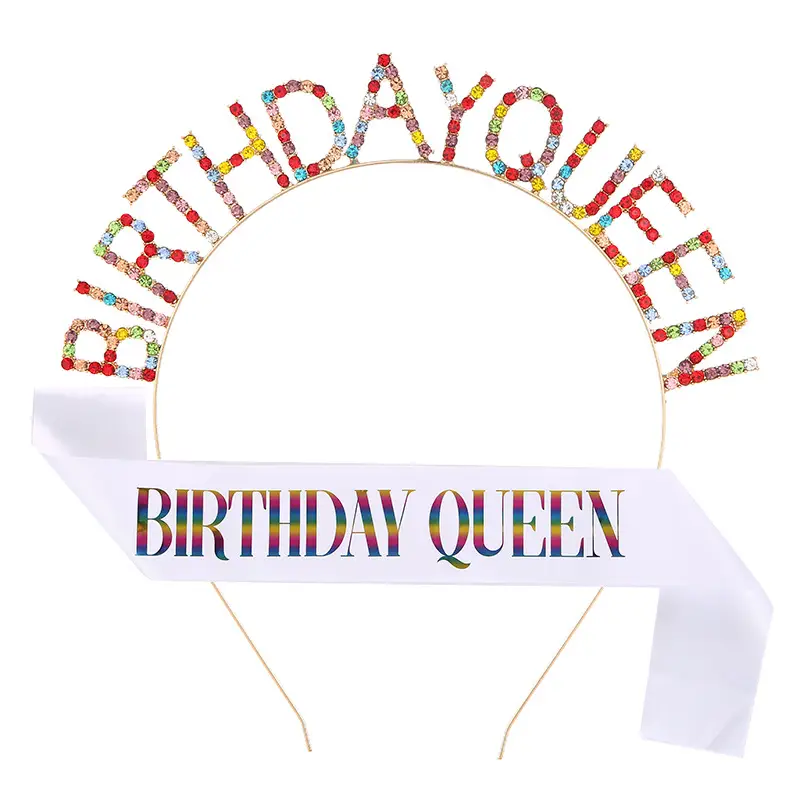 Birthday Queen Headband Belt with Crystal Crown & Black Fabric