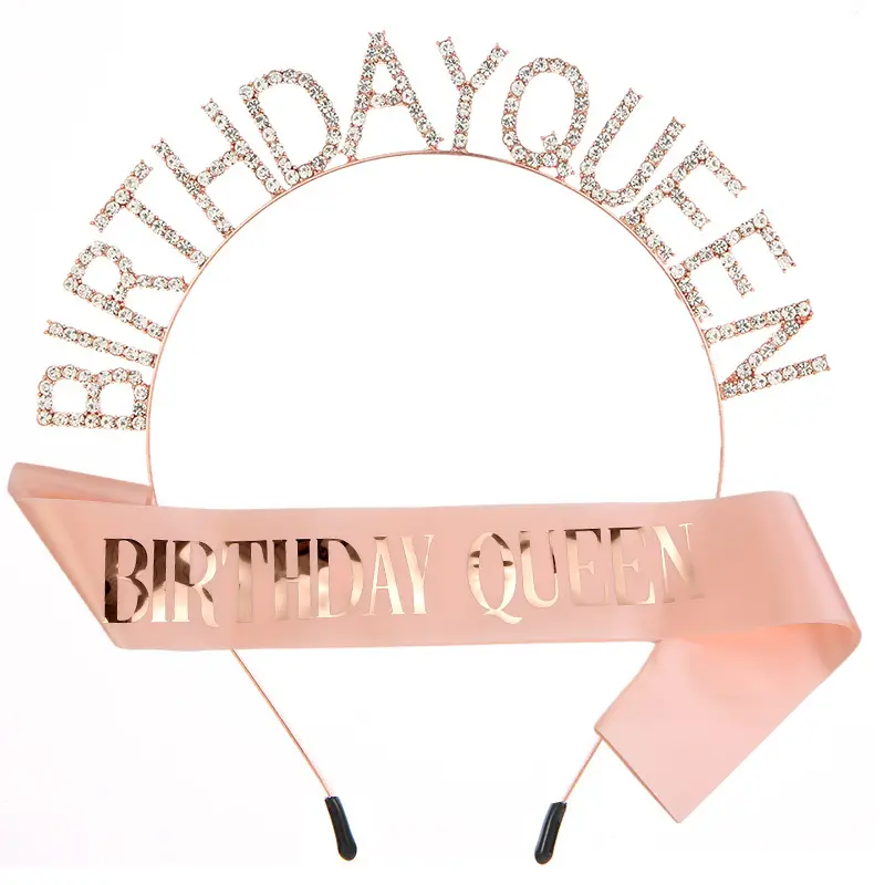Birthday Queen Headband Belt with Crystal Crown & Black Fabric