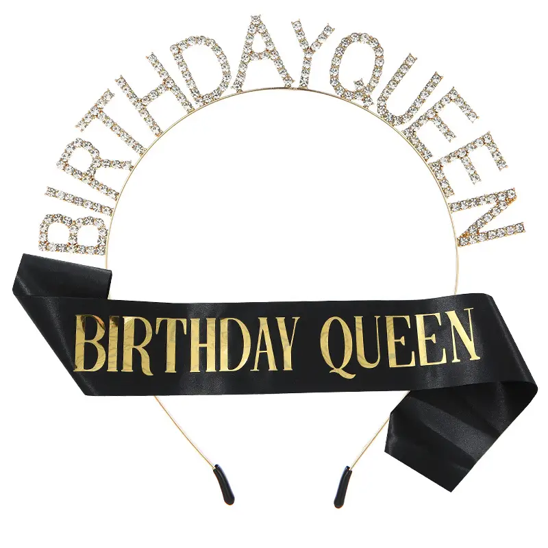 Birthday Queen Headband Belt with Crystal Crown & Black Fabric