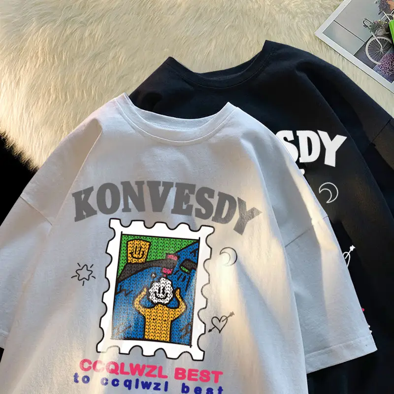 Men's Cartoon Print T-Shirt White Black Loose Summer Wear - Image 10